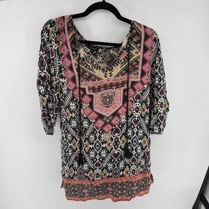 Tolani Silk Tunic Top Small Black Red Geometric Tribal Print Boho Tassel V-Neck